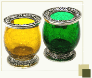Yellow and green glass decoratives with silver antique top & bottom