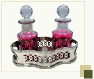 Set of 2 red perfume bottles with silver plated tray